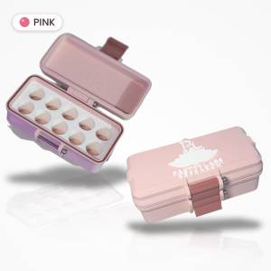 PrettyLabs Research pink 3D printed 3mL vial case shown open with 10-slot tray and closed with logo lid